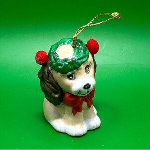 Vintage JSNY Brown and White Puppy Dog w Wreath on Her Head Porcelain Ornament